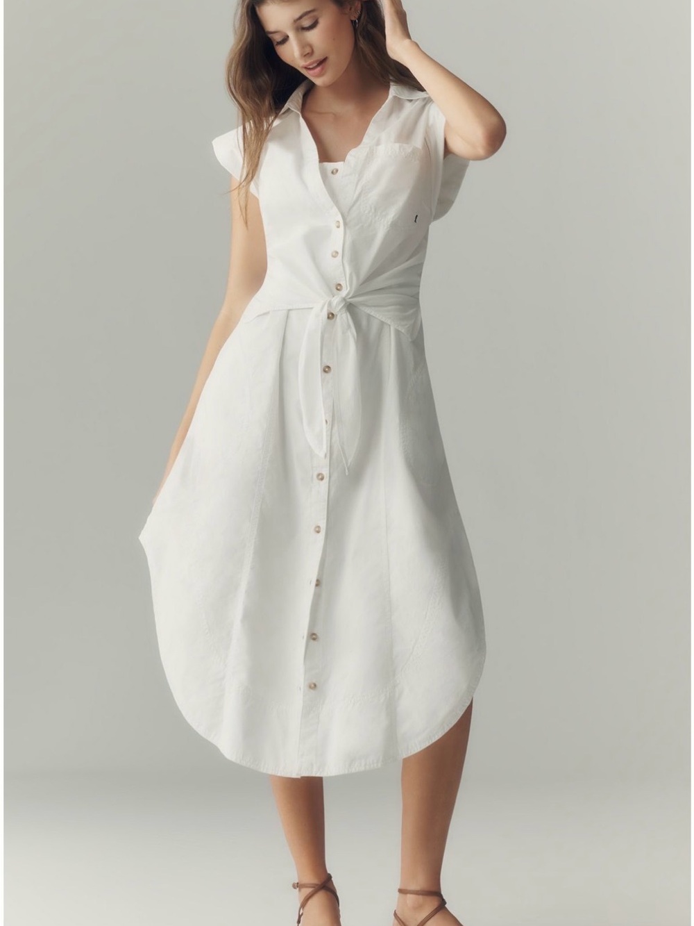 Pilcro White Button-Front Tie-Waist Midi Dress